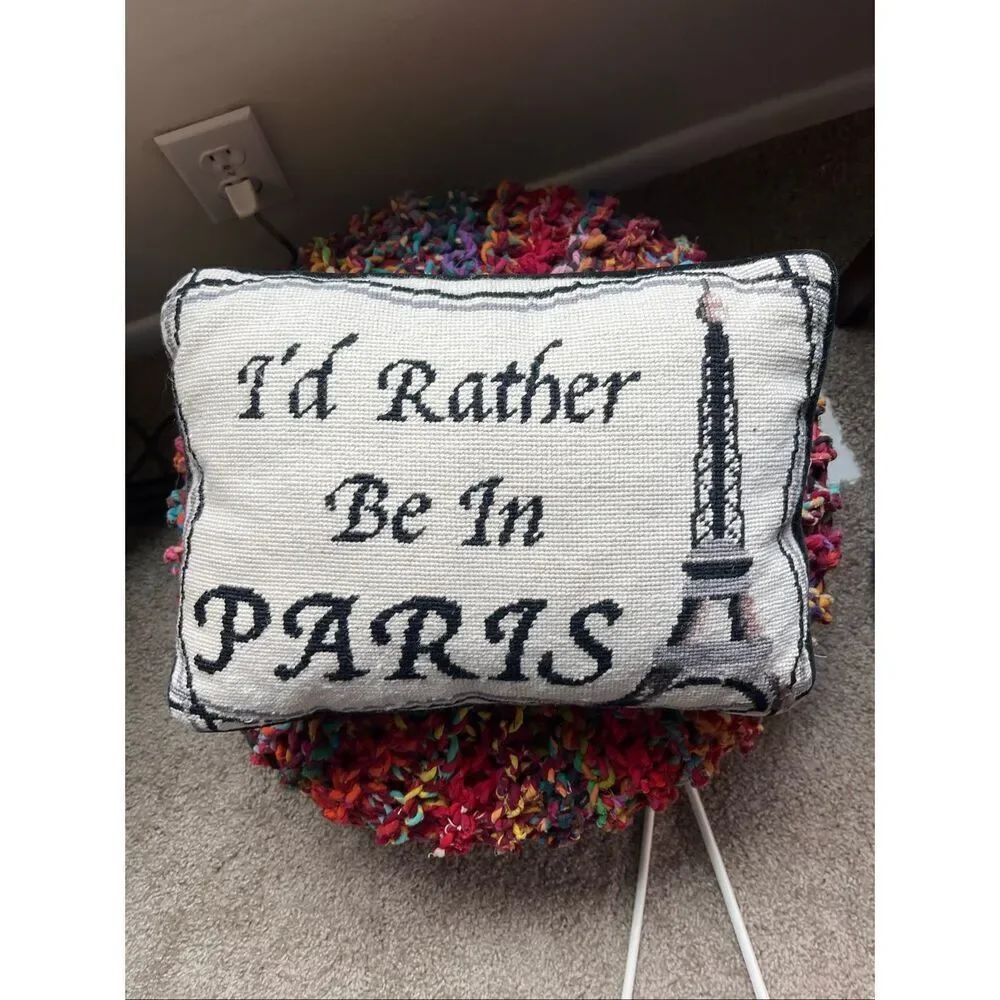 VTG Paris Needlepoint Pillow Eiffel Tower Velvet Back French Cottage Decor